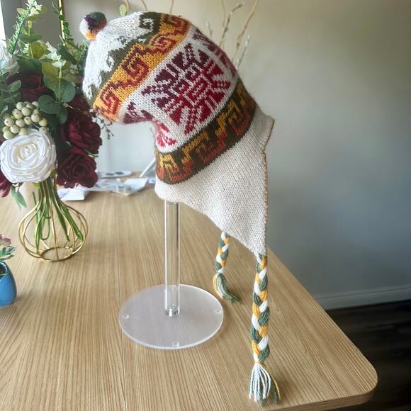 PERU Cusco Llama Reversible Wool Alpaca Knitted Beanie Tassel Inca Maya Aztec - Picture 5 of 15